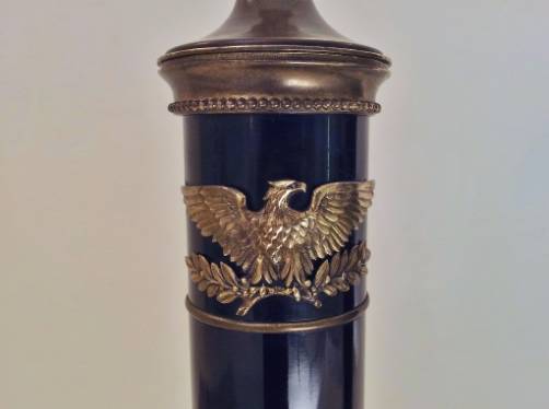 Pair vintage military spread eagle table lamps, black lacquer & brass, 1950`s ca, American